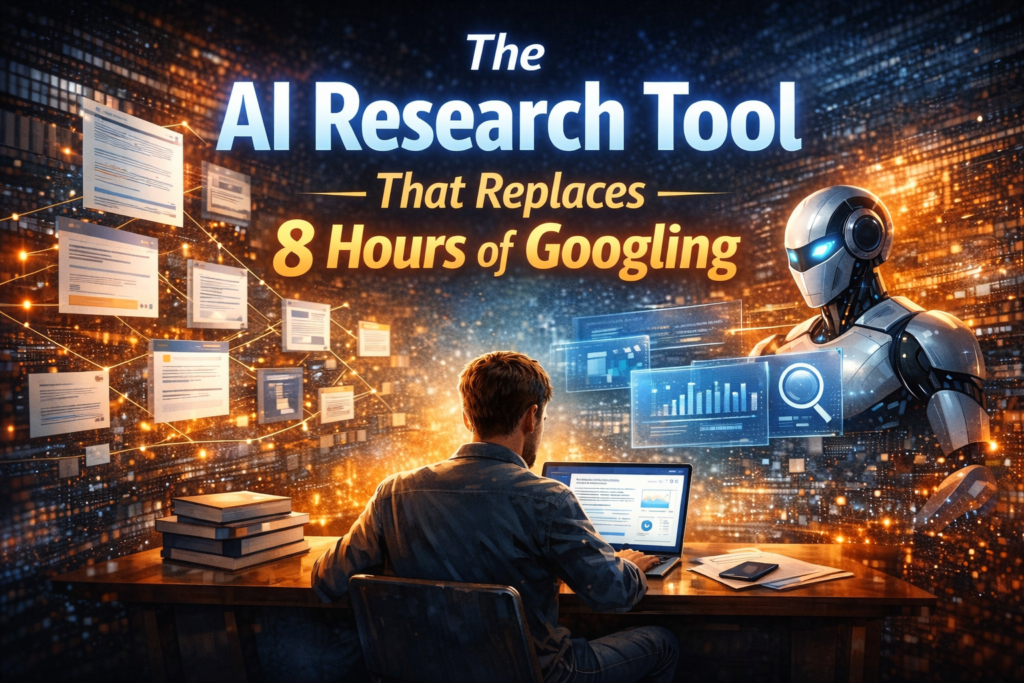 AI-powered research tool replacing manual Google searches, showing a person working with a futuristic robot analyzing data and documents in a digital environment