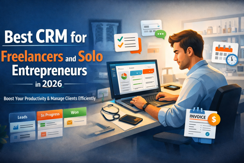 A freelancer entrepreneur working at a laptop in a modern office, with a visible CRM dashboard on the screen and surrounding icons for tasks, calendar, invoices, and messages. Subtle medical equipment and healthcare charts are visible in the background.