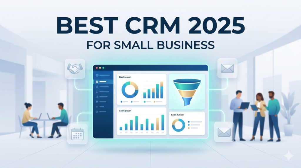 Professional blog header illustration with title Best CRM Software 2025 and a small business diverse team collaborating using a digital CRM dashboard.