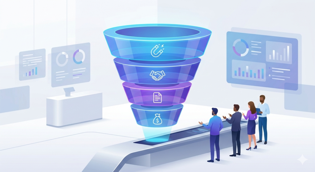 Small business sales pipeline dashboard with 3D colorful columns.
