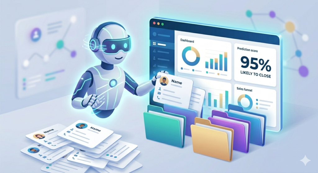 AI assistant optimizing customer data and predicting sales probability in a CRM interface.