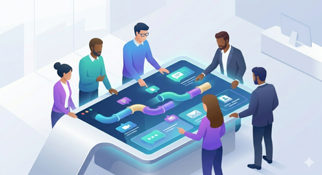 A small, diverse agency team collaborating efficiently using an integrated CRM tool.