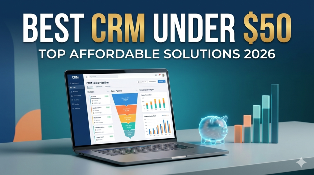 Clean vector infographic comparison chart of different affordable CRM platforms under a $50 limit banner.