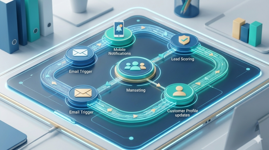Professional illustration of a small diverse team observing the growth and expansion of a visual 3D CRM pipeline structure.