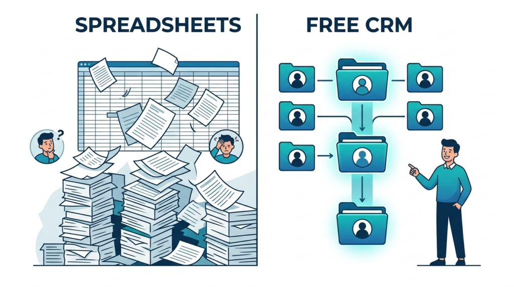 Clean 3D vector display showcasing simplified digital screens with logos of HubSpot, Zoho, and Freshsales.