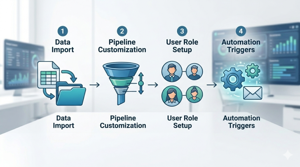 Illustration of a small startup team observing and celebrating expanding sales pipeline metrics and growth visualizations on a digital screen.