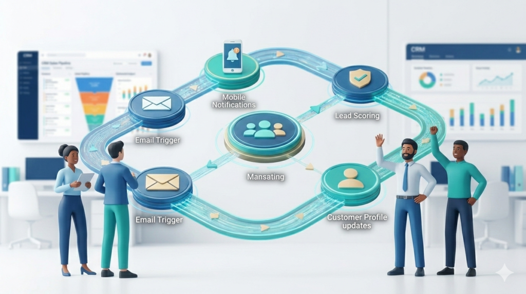 Professional illustration of a startup founder observing a CRM dashboard displaying "UPGRADE NOW" metrics alongside rising sales revenue graphs.