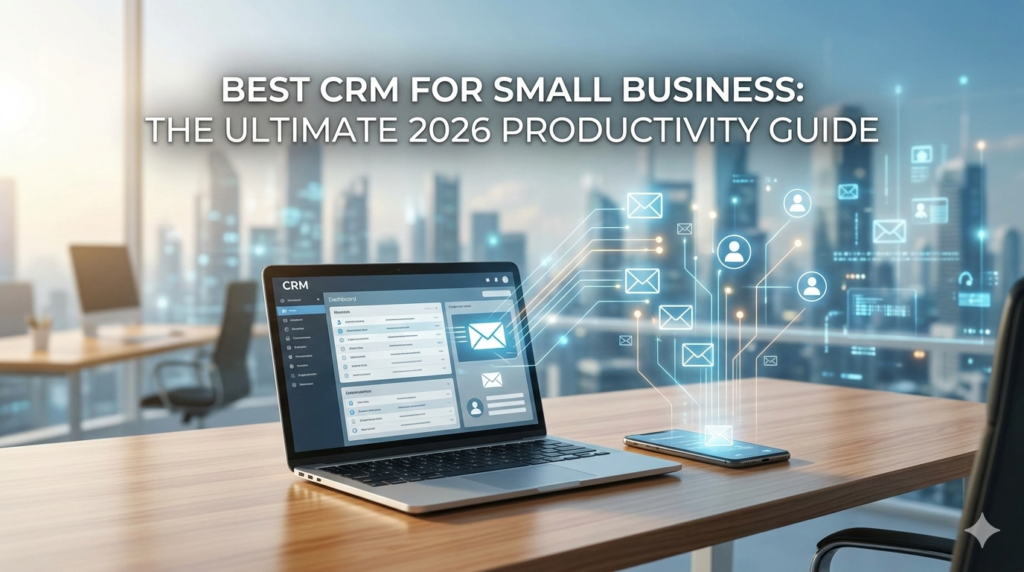 A modern office desk with a laptop displaying a CRM dashboard and integrated email icons, representing the ultimate productivity guide for 2026.