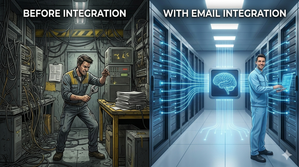 A split-screen illustration comparing complex, manual, paper-based workflows (before) with streamlined, digitized, integrated CRM data flows (after)