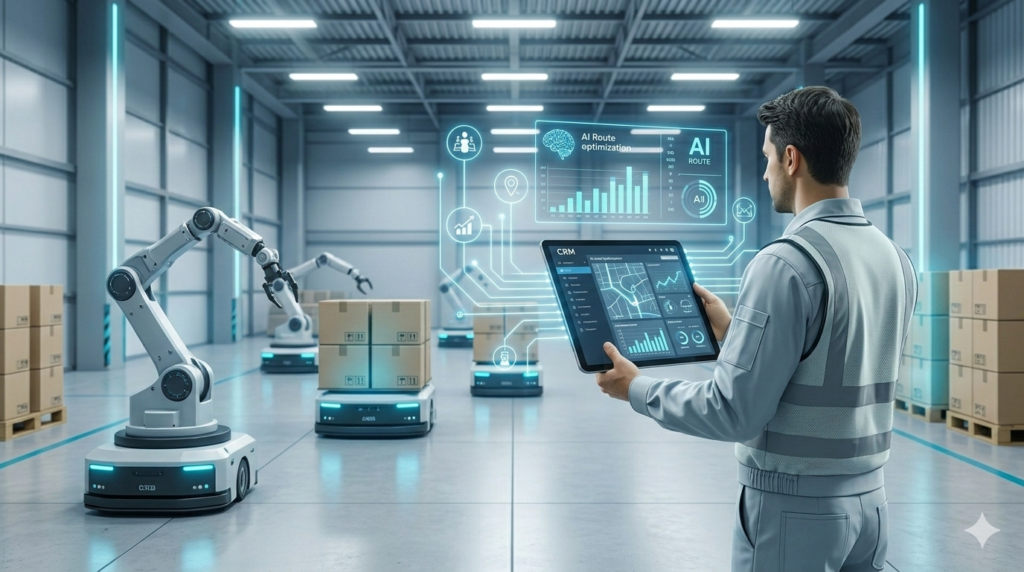 A small e-commerce operator holding a tablet displaying an automated inventory and abandoned cart management system, with integrated CRM data.