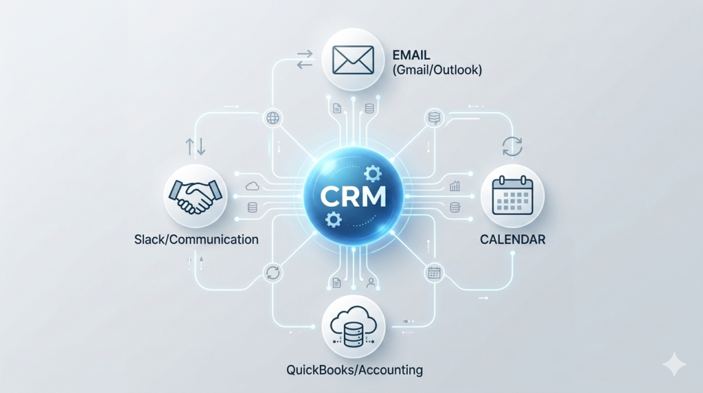 Minimalist infographic of a CRM integrated with email, calendar, and business apps.