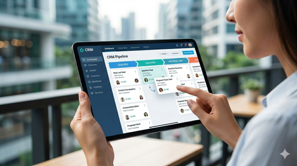 Modern CRM dashboard interface showing a visual sales pipeline and deal stages.