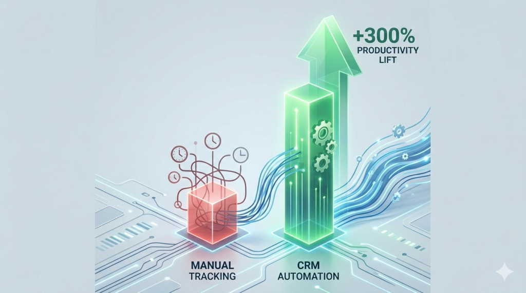 3D bar chart comparing productivity of manual tasks versus CRM automation.