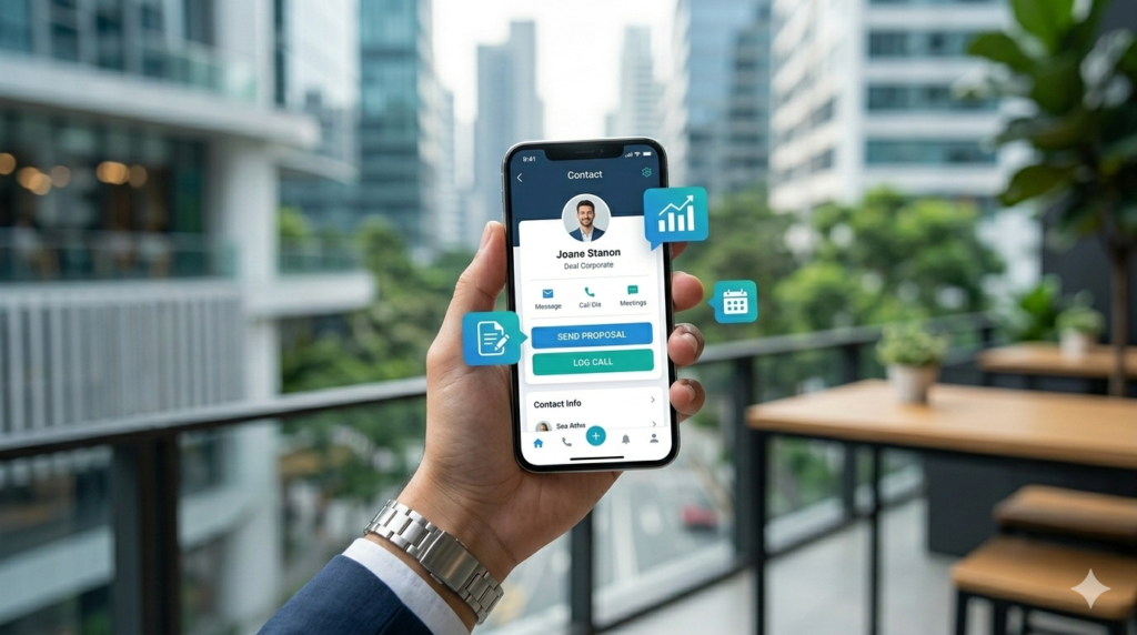 Close-up of a sales professional using a mobile CRM app on a smartphone in a modern city setting.