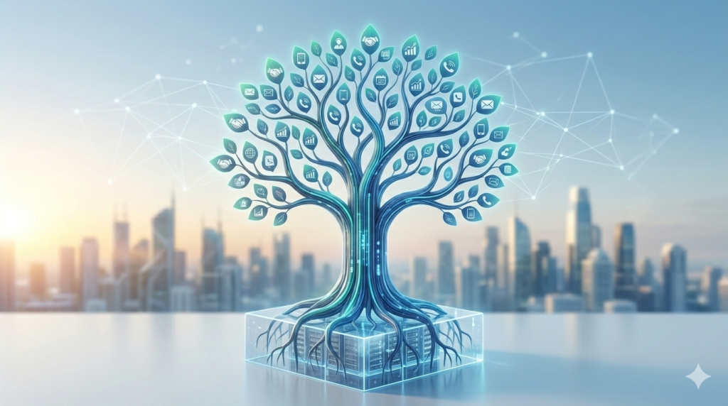 Futuristic digital tree symbolizing business growth, sustainable customer relationships, and advanced CRM connectivity for small teams.