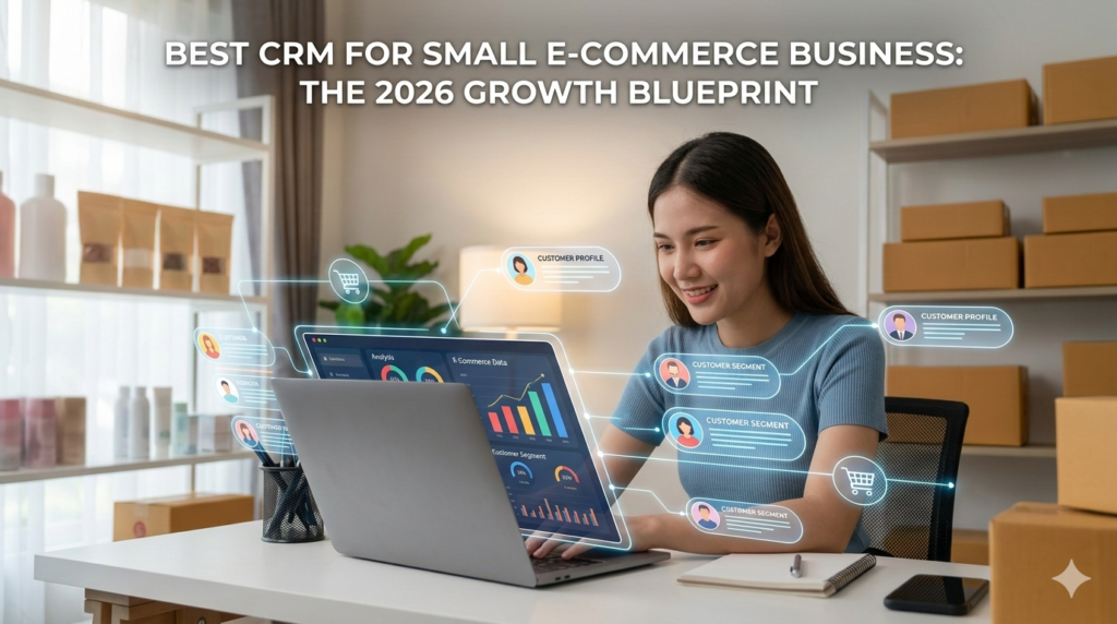 Young entrepreneur analyzing e-commerce CRM data for a small business in 2026.