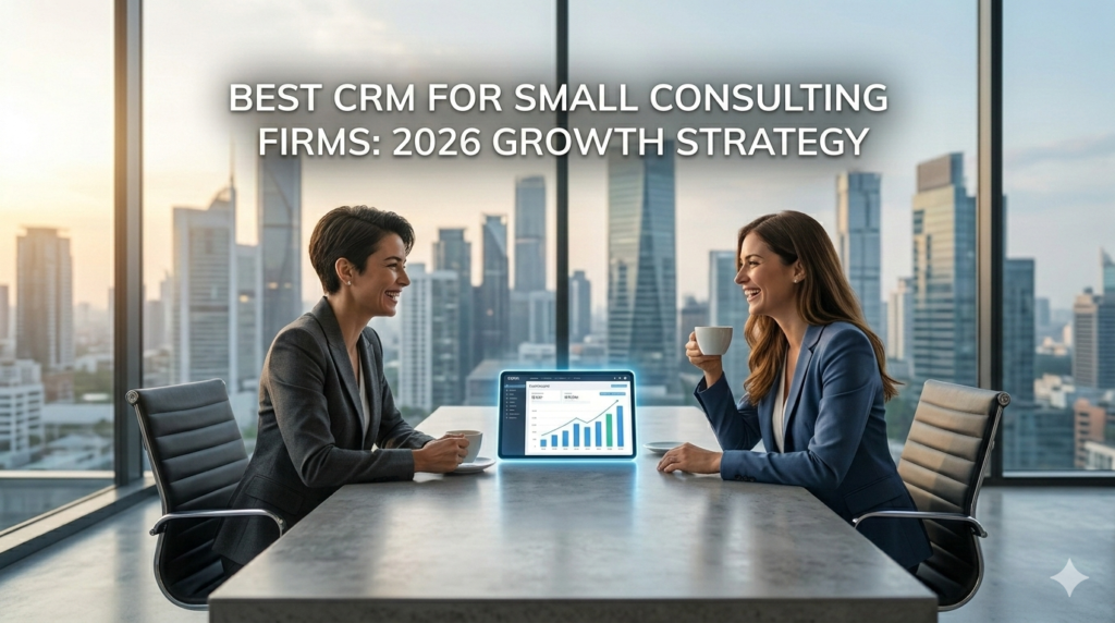 Professional consultant and client discussing strategy with a CRM dashboard on a tablet.