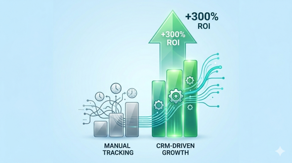 A 3D bar chart comparing the revenue growth of firms using a CRM versus manual tracking.