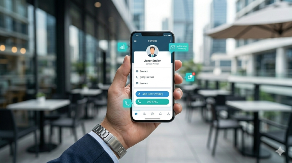Close-up of a consultant using voice commands to update client notes on a mobile CRM app.
