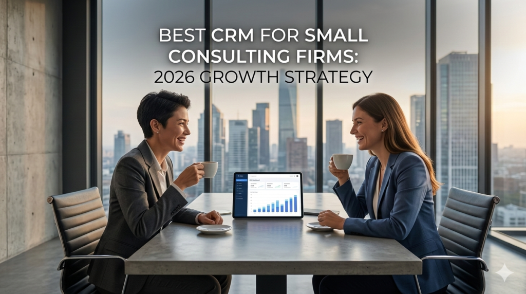 Professional consultant and client discussing strategy with a CRM dashboard on a tablet.