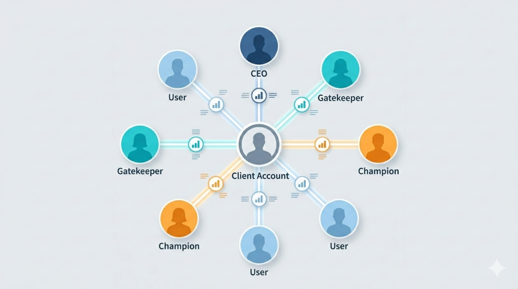 A relationship intelligence map showing connections within a client organization.
