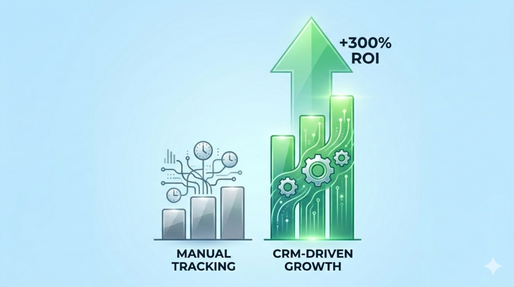 A 3D bar chart comparing the revenue growth of firms using a CRM versus manual tracking.