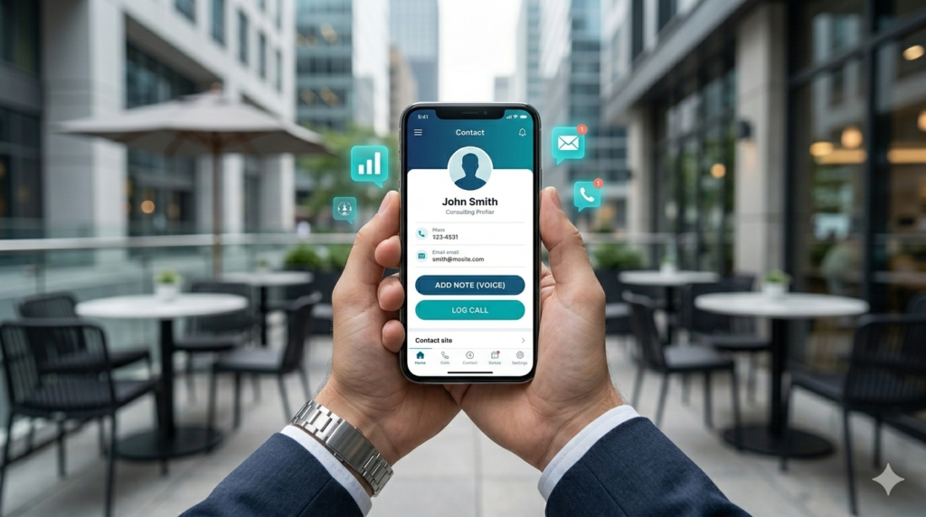 Close-up of a consultant using voice commands to update client notes on a mobile CRM app.
