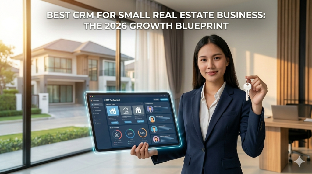 Professional real estate agent using a CRM tablet in a modern office 2026.