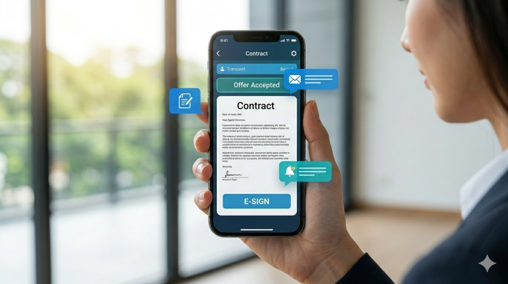 Real estate agent closing a deal on a mobile phone in front of a house.