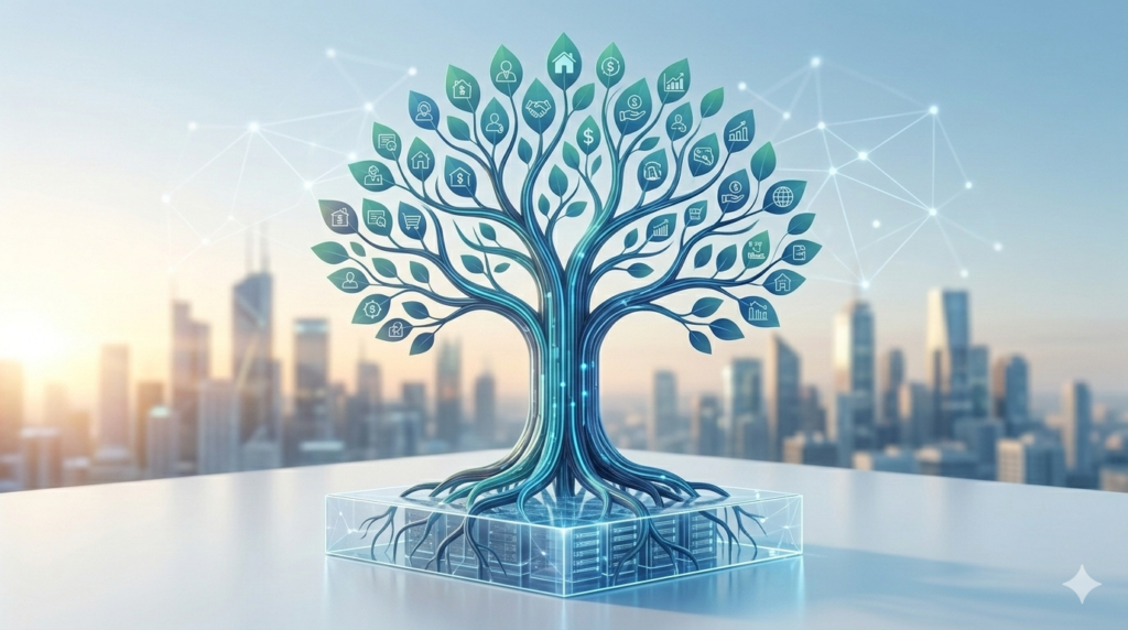 A luminous futuristic real estate growth tree visualizing data-driven commissions and network expansion in 2026.