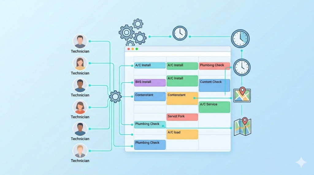 A visual CRM calendar showing job scheduling and technician dispatching.