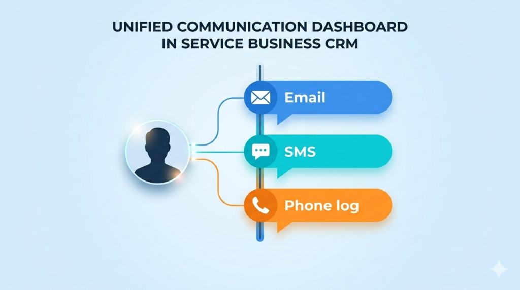 Unified communication thread showing SMS and email history in a service CRM.