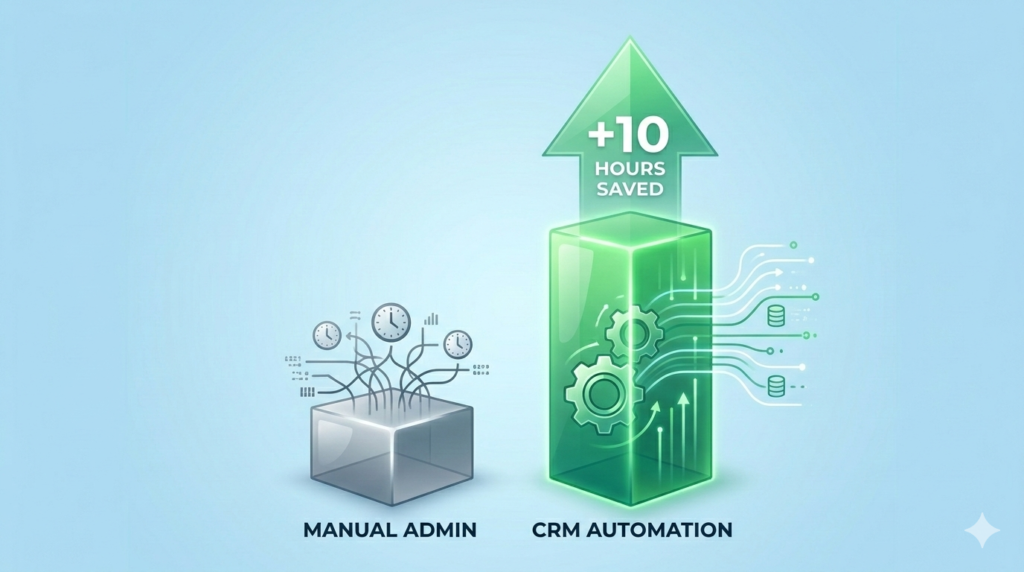 Comparison chart showing time saved by using CRM automation vs manual admin tasks.