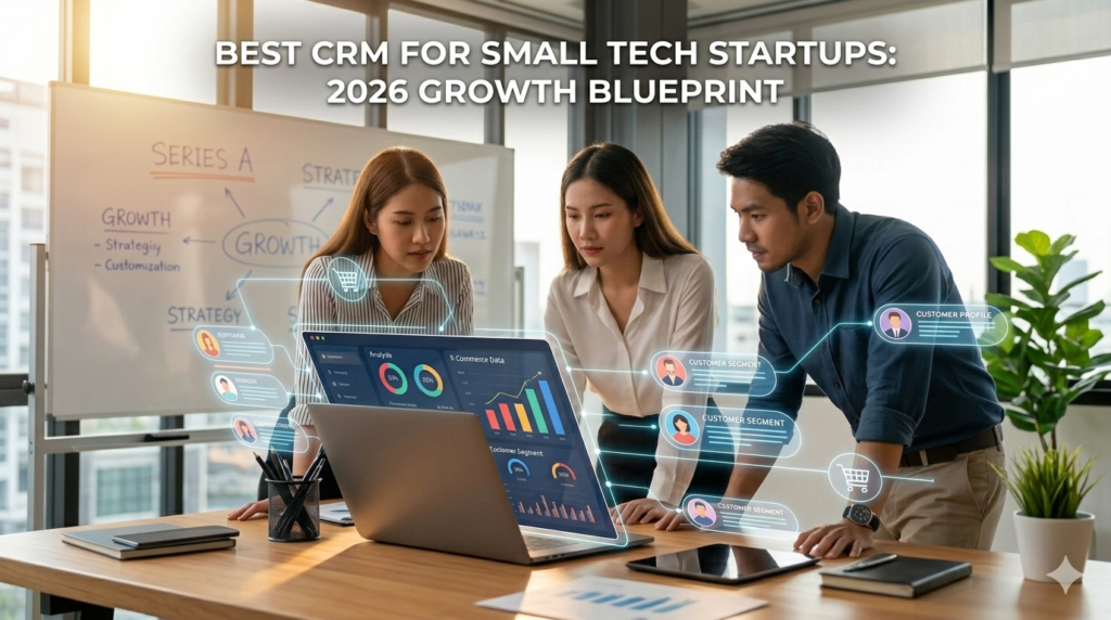 Modern tech startup office with a CRM dashboard on a laptop screen.