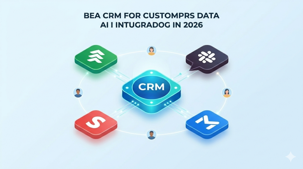 Infographic showing a CRM integrated with various tech startup tools.