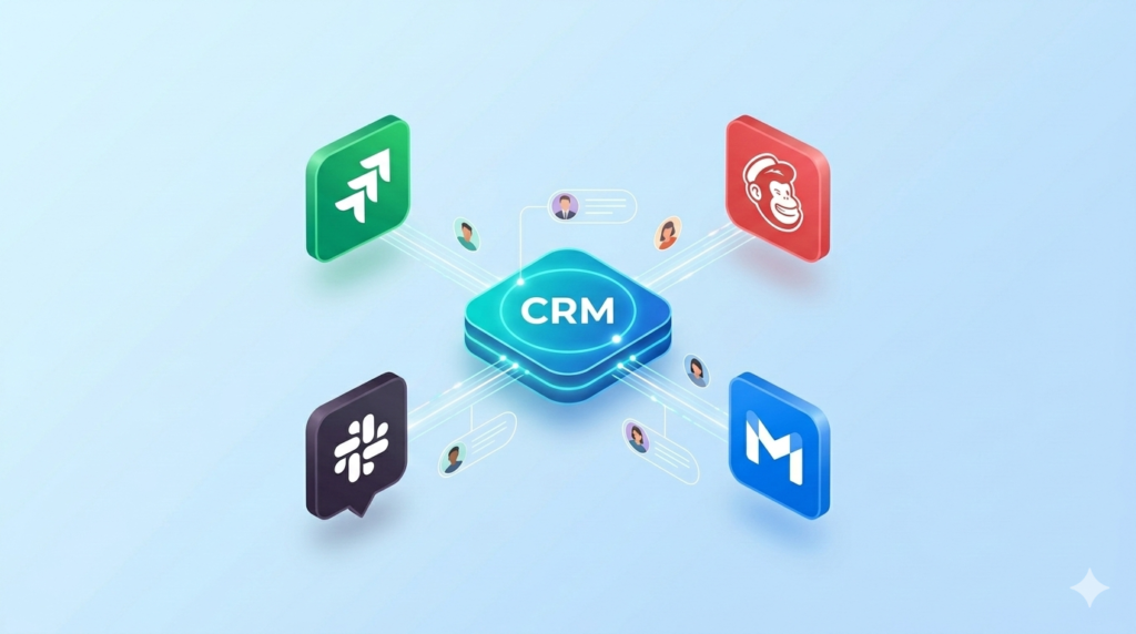 Infographic showing a CRM integrated with various marketing agency tools.