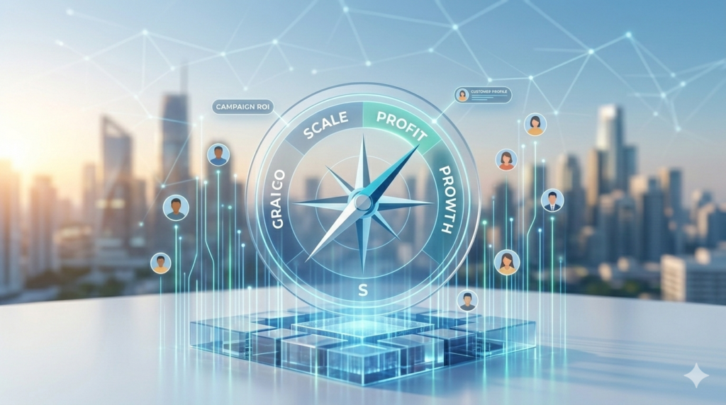 A futuristic digital compass visualizing agency growth, scale, and profit through CRM data.