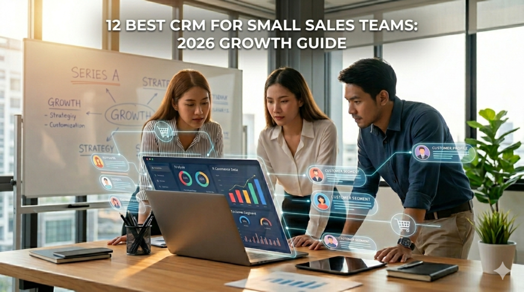 A small sales team analyzing a digital CRM dashboard with pipeline visualization in 2026.