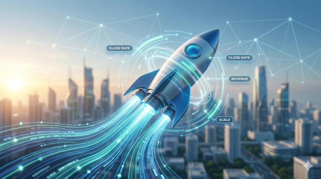 A futuristic growth rocket concept powered by digital CRM data streams.