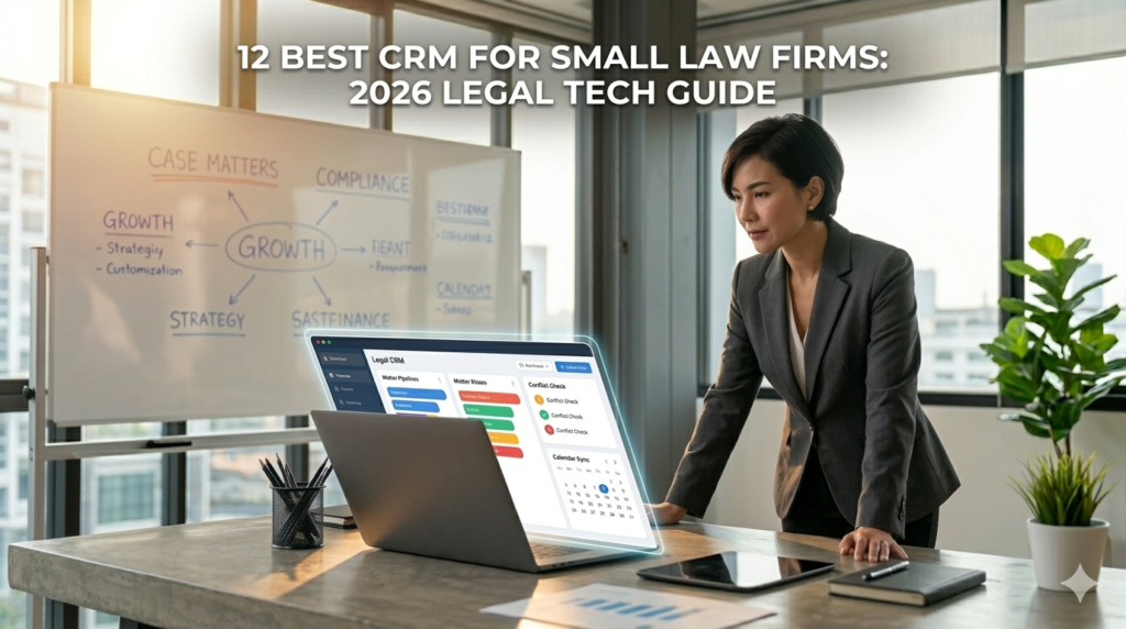 A modern female attorney analyzes conflicts and legal matters on a CRM dashboard in 2026.