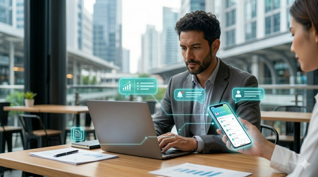 A modern attorney organizes client data from paper to a CRM in a connected office.