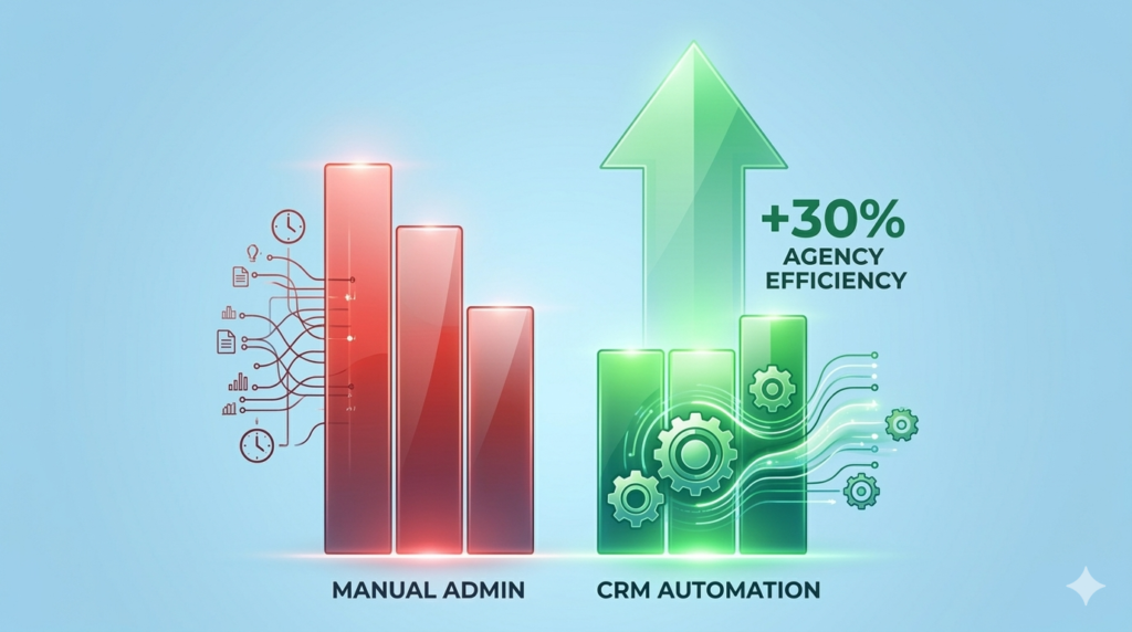 Chart comparing manual administrative work hours vs CRM automation for small agencies.