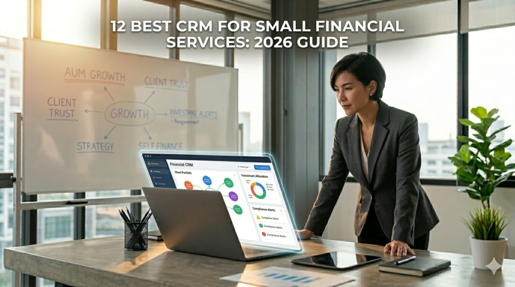 A modern female financial advisor stands at a desk analyzing client data on a CRM dashboard in 2026.