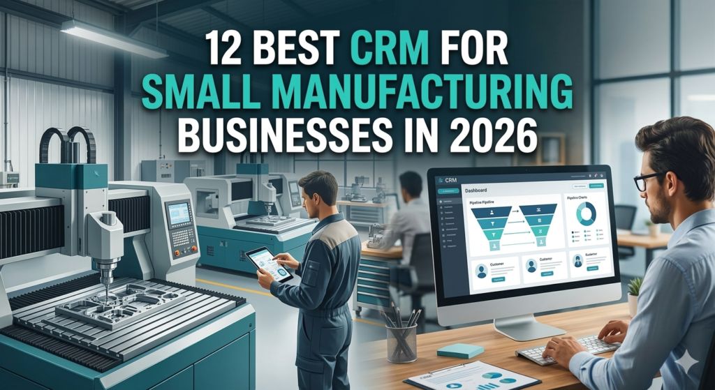 A decorative header banner featuring a modern CNC machine and an analyst looking at a CRM dashboard on a desktop computer, with bold text reading '12 BEST CRM FOR SMALL MANUFACTURING BUSINESSES IN 2026'.