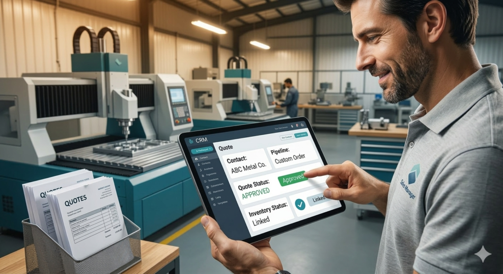A close-up of a simplified digital CRM dashboard displayed on a tablet held by a sales lead in the small manufacturing shop, showing integrated fields for quotes, inventory status, and pipeline stages.