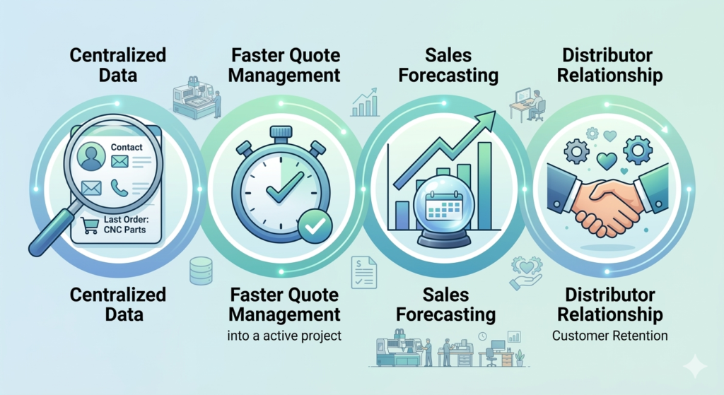 A horizontal infographic illustrating four key benefits for small manufacturers using CRM: Centralized Data, Faster Quotes, Accurate Forecasting, and Customer Retention, all set against a clean backdrop representing a modern small business office.