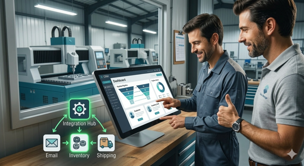 A close-up photograph of a simplified generic CRM deployment dashboard displayed on a large touch screen in the fabrication shop, with icons glowing green, illustrating integrated email and inventory systems.
