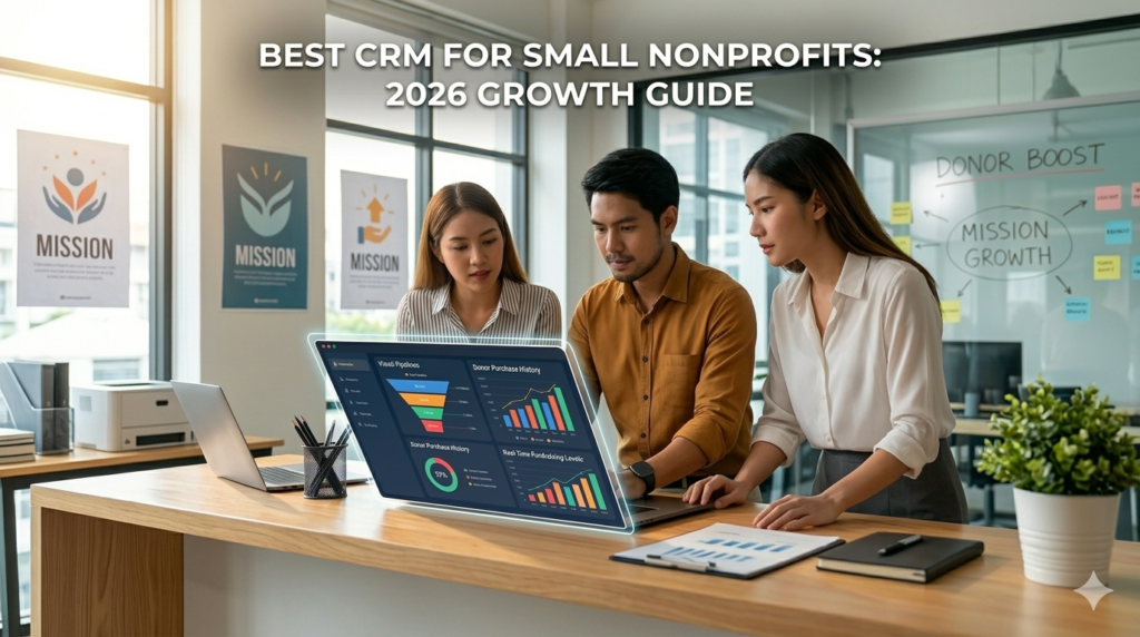 A modern nonprofit team gathers around a desk, analyzing donor purchase history and fundraising data on a visual CRM dashboard.