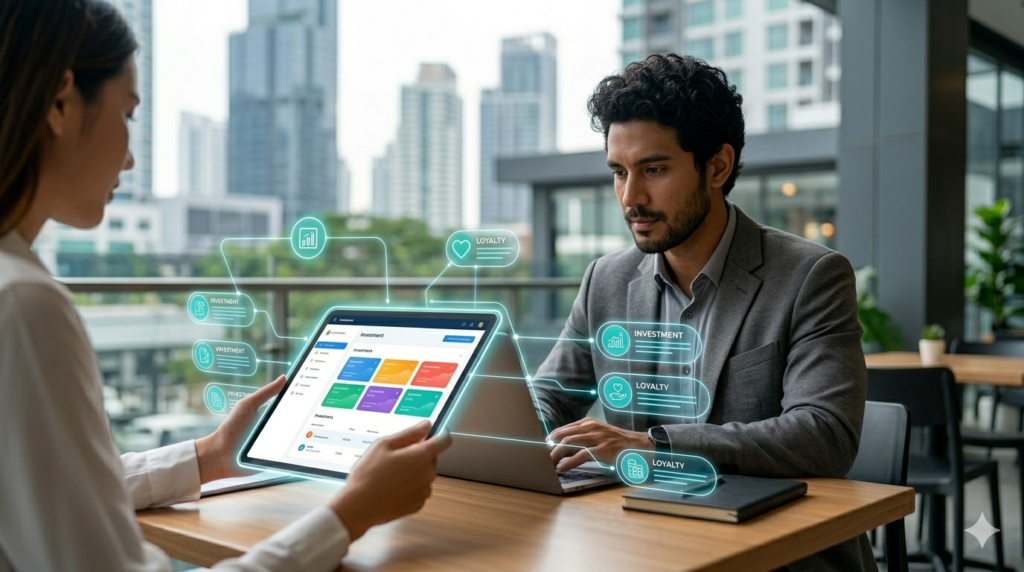 A modern male agent tracks online donation data on a glowing CRM tablet in 2026.