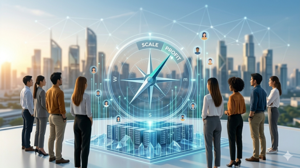futuristic nonprofit growth compass concept with digital impact reporting data streams